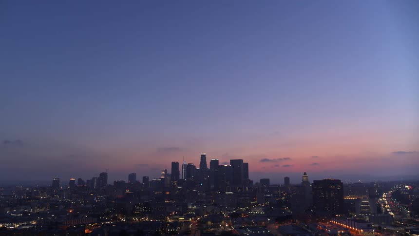 Skyline of a city at dusk