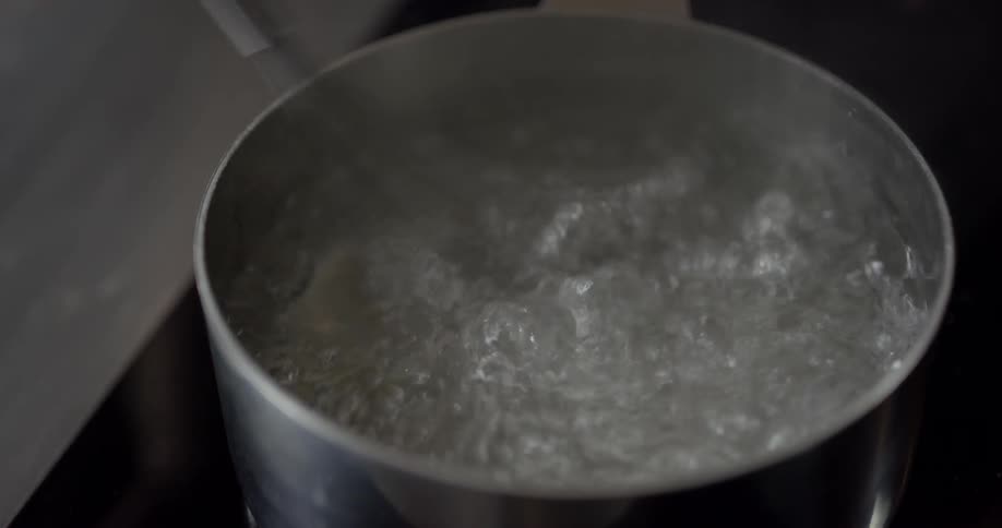 A person placing salt in a boiling pot of water then stirring it