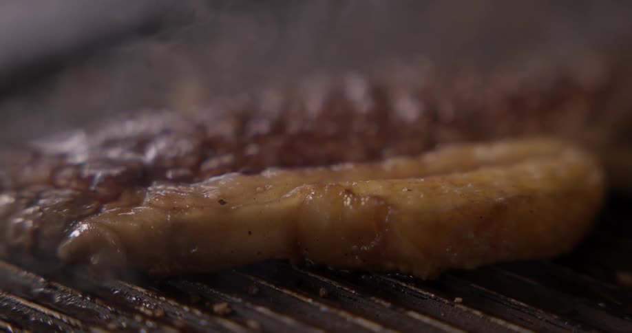 A piece of steak with a large piece of fat on it is being cooked atop an open grill