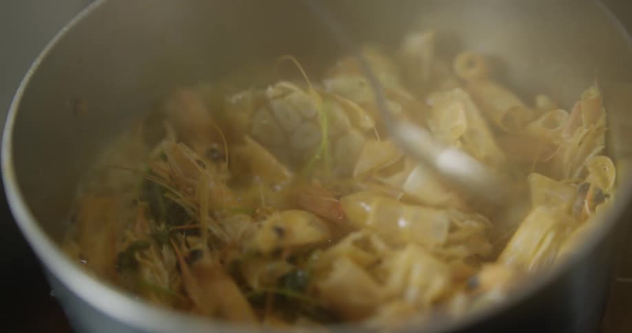 A person stirring chicken and noodles