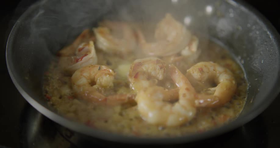 Shrimp cooking in a pan