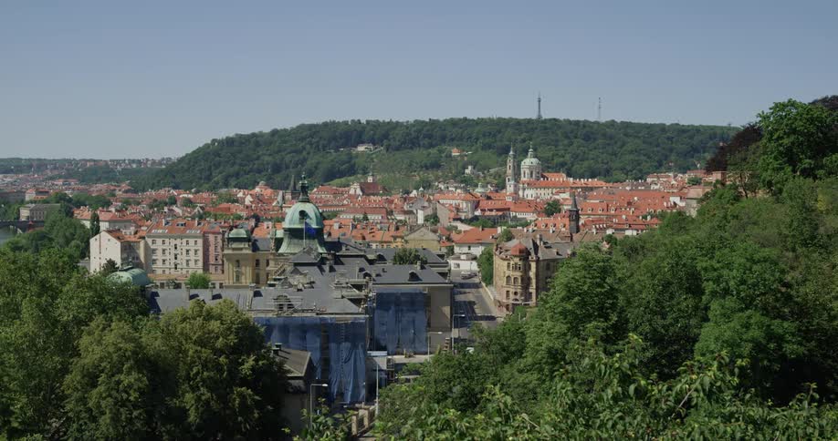 The birds fly over the hill near the city