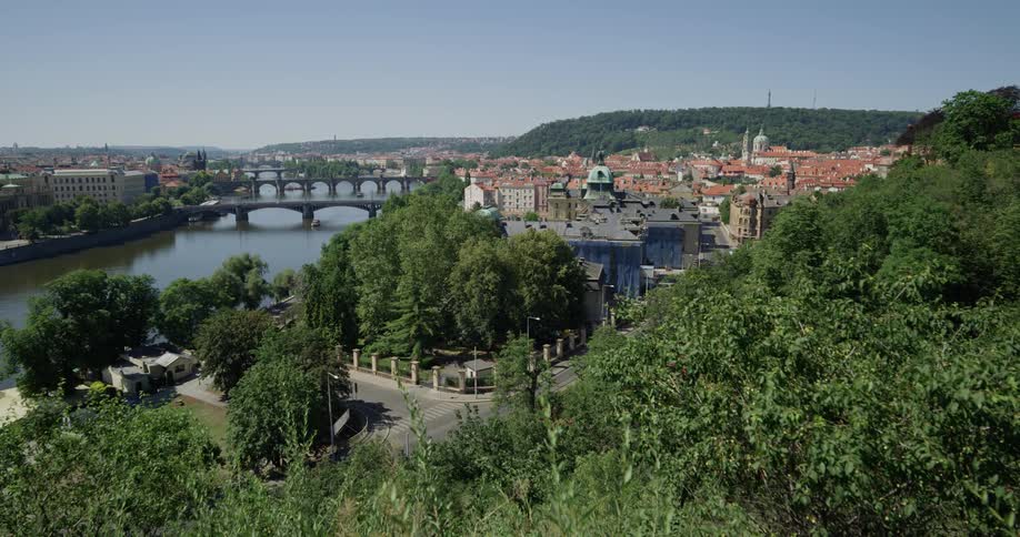 Picturesque town near hills and river
