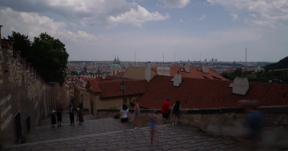 People are walking through a town
