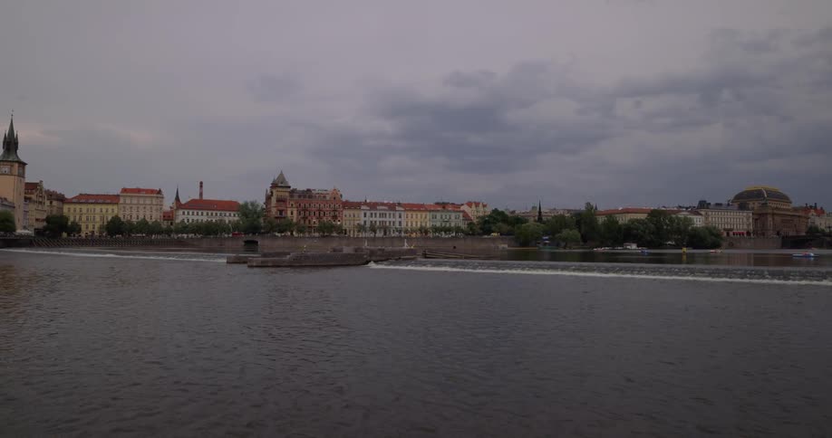 An old city skyline by a river under a cloudy sky