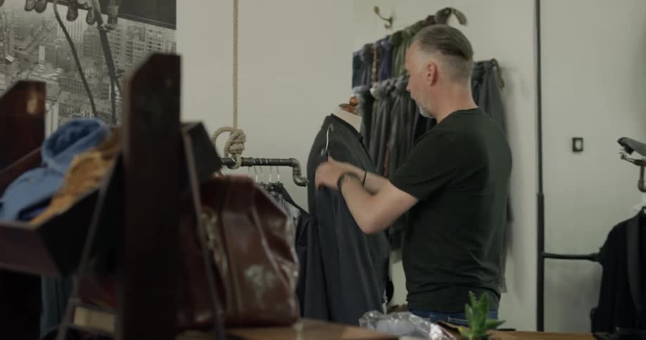 A white man with gray hair picks up a pair of pants to look at briefly in a clothing store and then turns to look at suit jacket that removes from the clothing rack