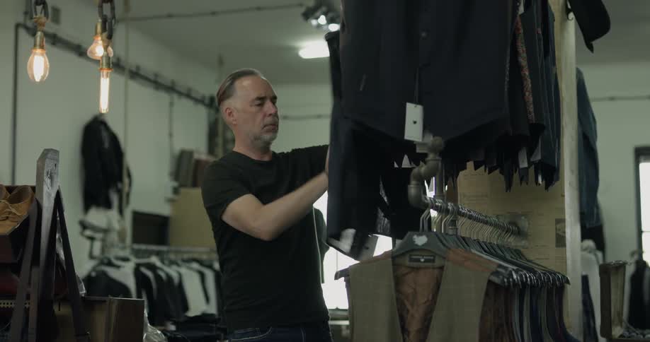 A man looks through vests at a clothing store before taking one off the rack and taking a closer look at it and then putting it back on the rack and looking through the vests again
