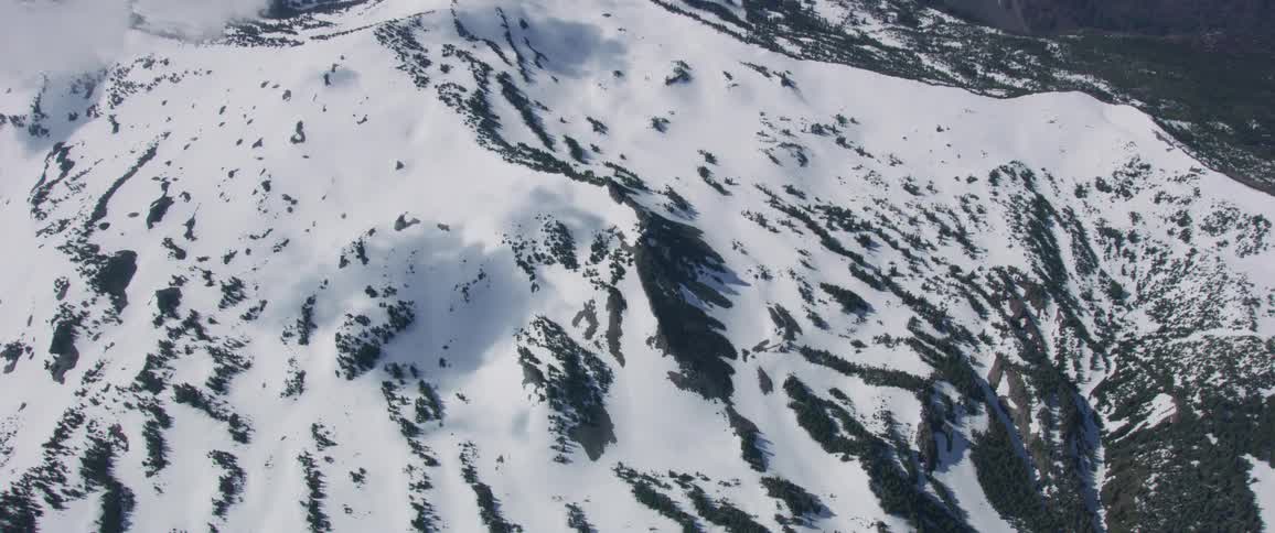 Flying over a snow covered forest and mountain range