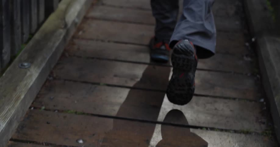 A person walks over a wood bridge