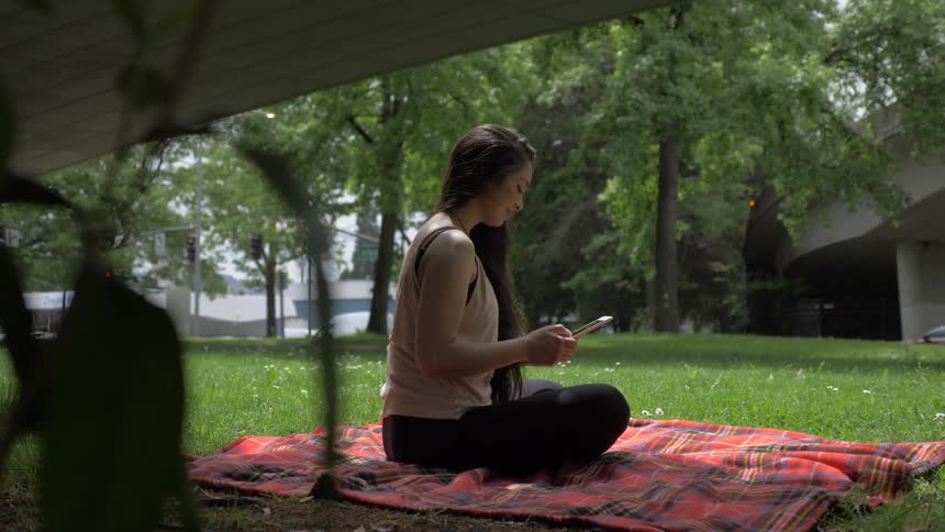A woman looking at her phone is sitting on a blanket in the park