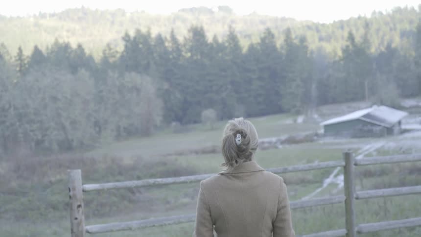 A woman stands next to a rustic wooden fence and in the distance there is a house in a grassy clearing amidst a large forest