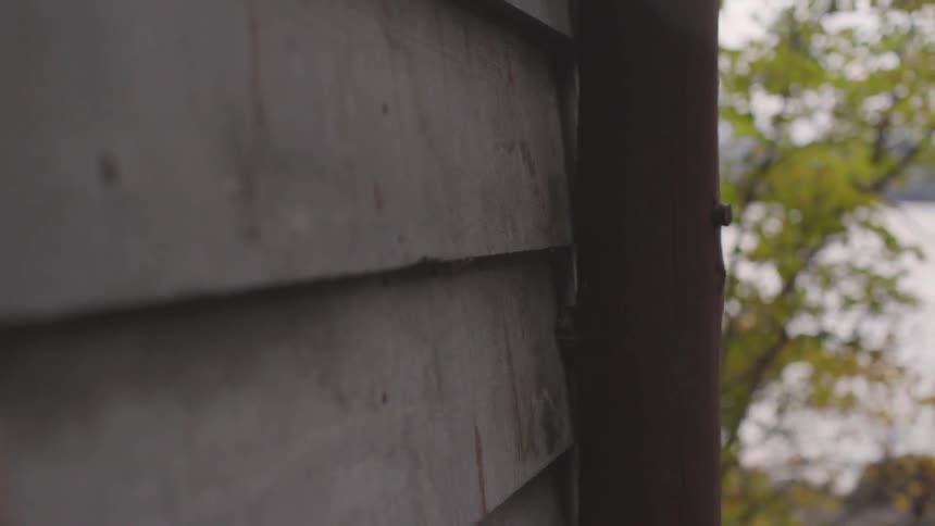 Wood siding covers the side of a building