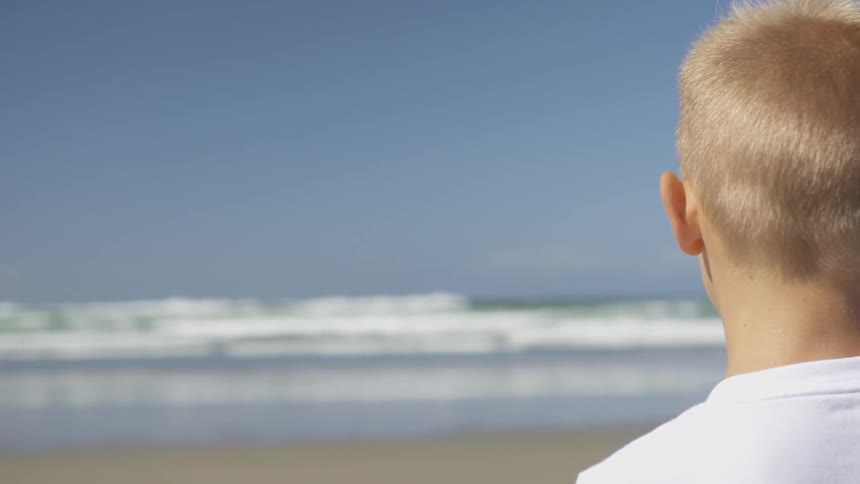 Boy stands on the shoreline of a beach looking at the ocean