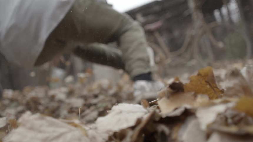Leaves fly up from the ground as a breakdancer dances