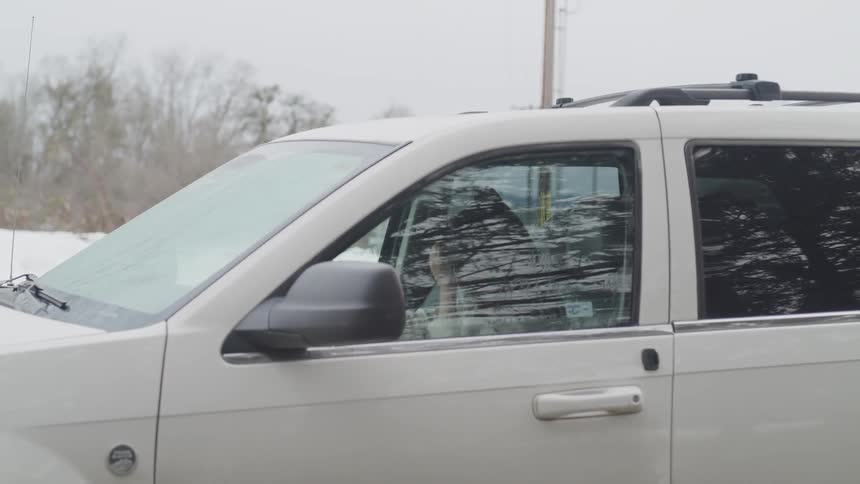 A woman slams on her steering wheel in the car