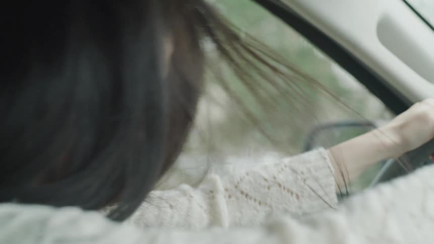 A woman beats on the steering wheel of a car in anger or grief