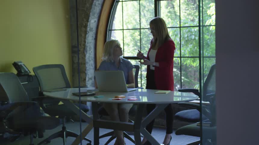 Woman works on a laptop as another woman stands next to her