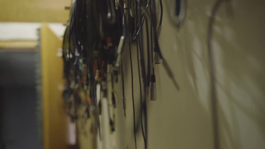 Hanging collection of audio and computer cables