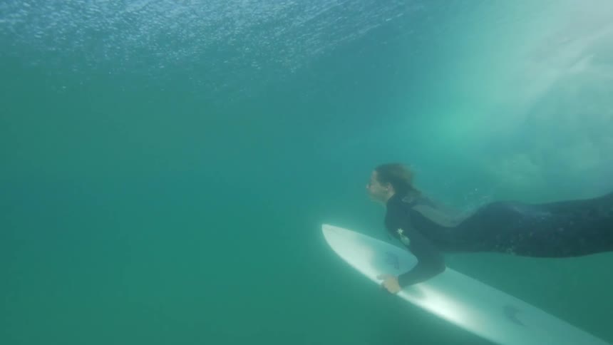 Underwater shot of a surfer duck diving underneath a large wave in the Pacific Ocean