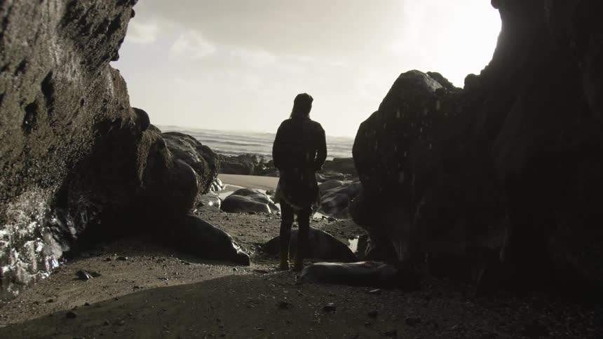 A woman stands on a beach and looks towards the water