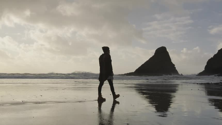 Silhouette of a person walking on the shoreline on the beach