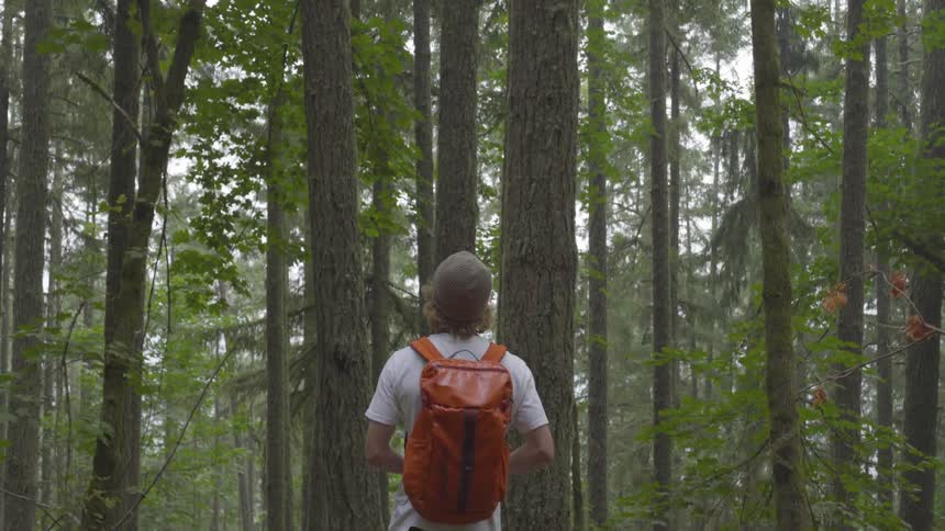 A white teenager wearing an orange backpack takes pictures in the woods