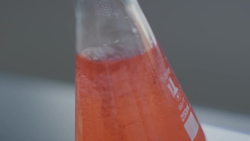 A beaker of orange liquid on a magnetic stirrer