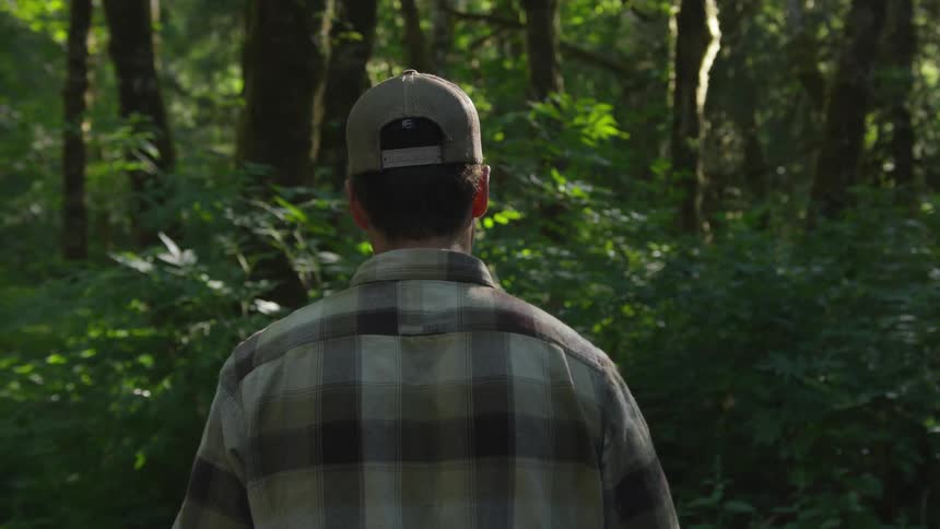 A man is walking into the forest