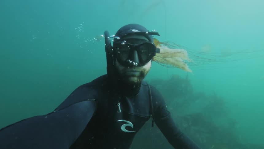 Man free diving with jellyfish all around him in this selfie underwater shot