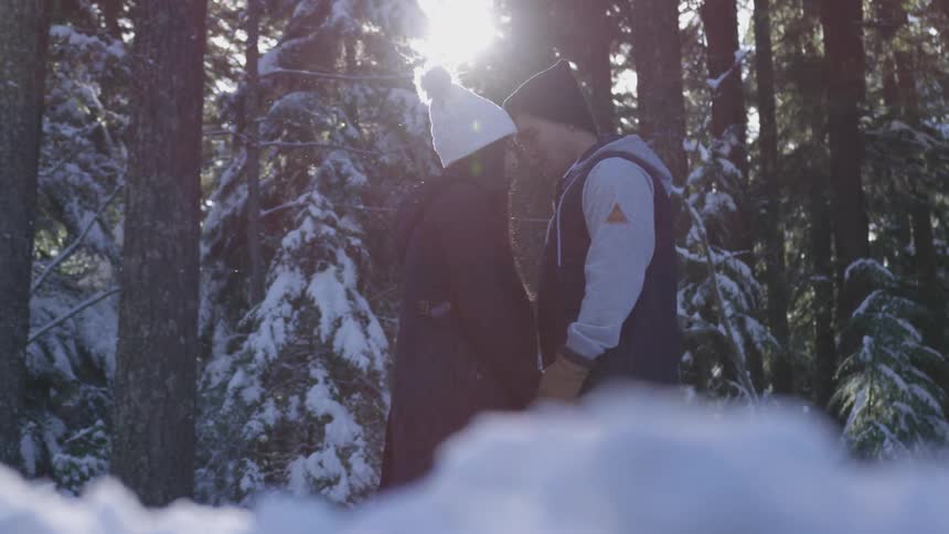 Young couple holding hands in snowy forest