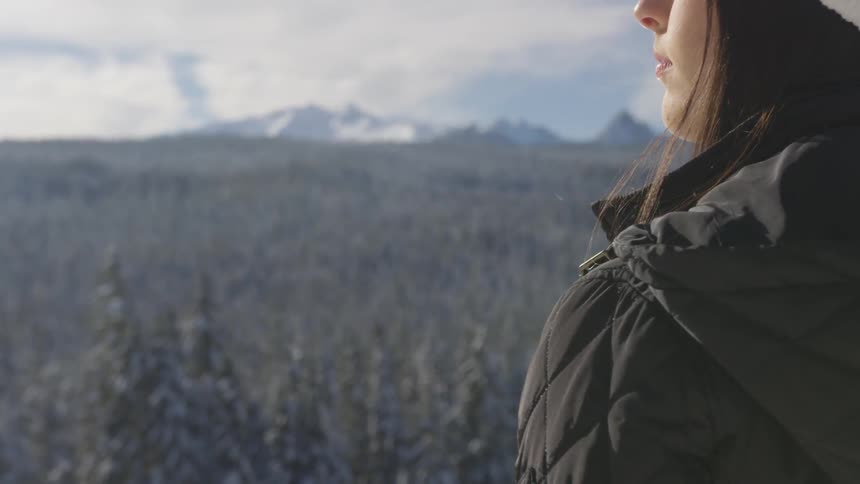 A woman standing on a cliffs edge staring at snow capped mountains and forest