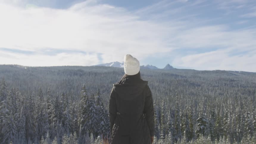 A woman stares out to the forest and mountain scenery