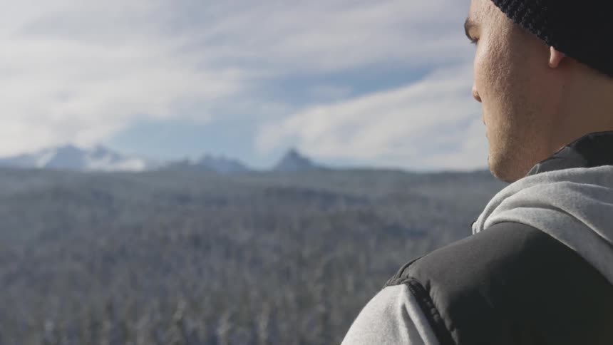 A man looks out across a forest towards mountains