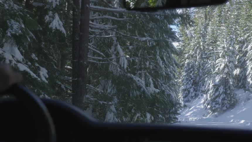 A car drives down a snowy road through a forest in the winter