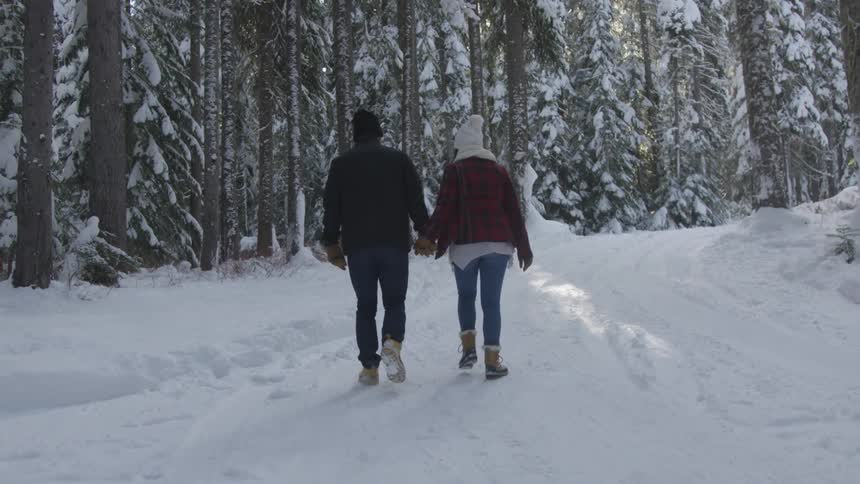 Couple walk hand in hand in the snow toward woods