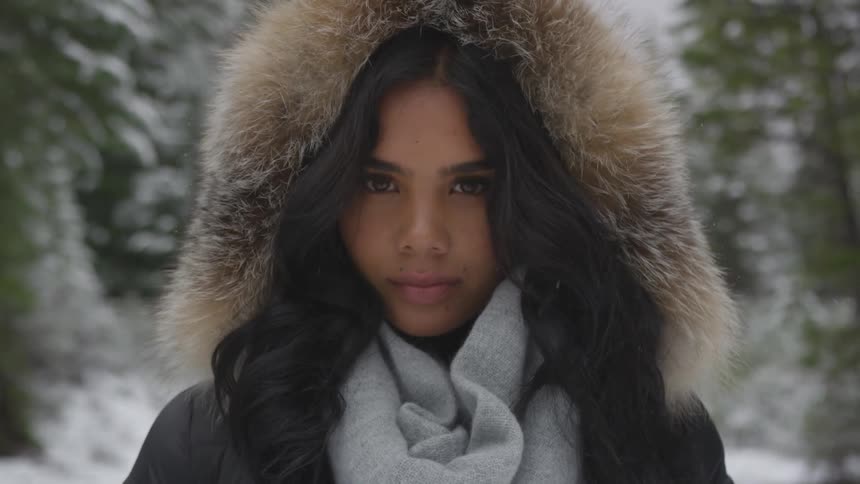A black woman in a winter coat standing outdoors raising her head to gaze at the camera on a winter day