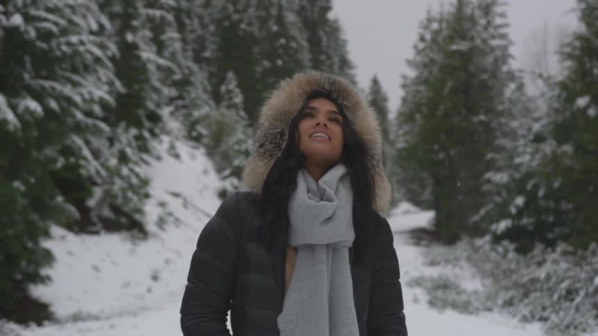 A woman wearing a fur lined coat and scarf walks down a snowy path