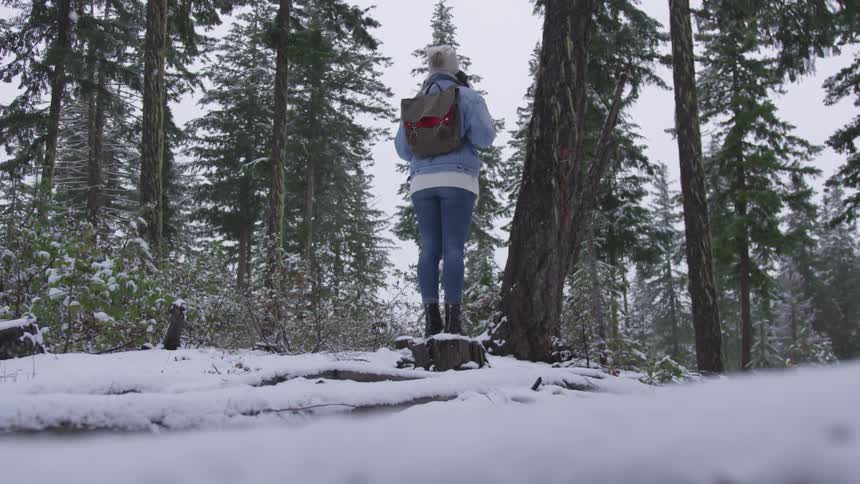 Woman wearing denim jacket and backpack stands on tree trunk while it snows in the forest in the daytime