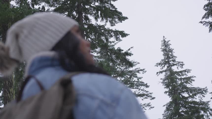 Young woman stands in a fir forest and looks at the sky
