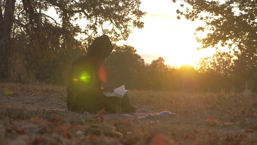 A black woman reads a book in a field
