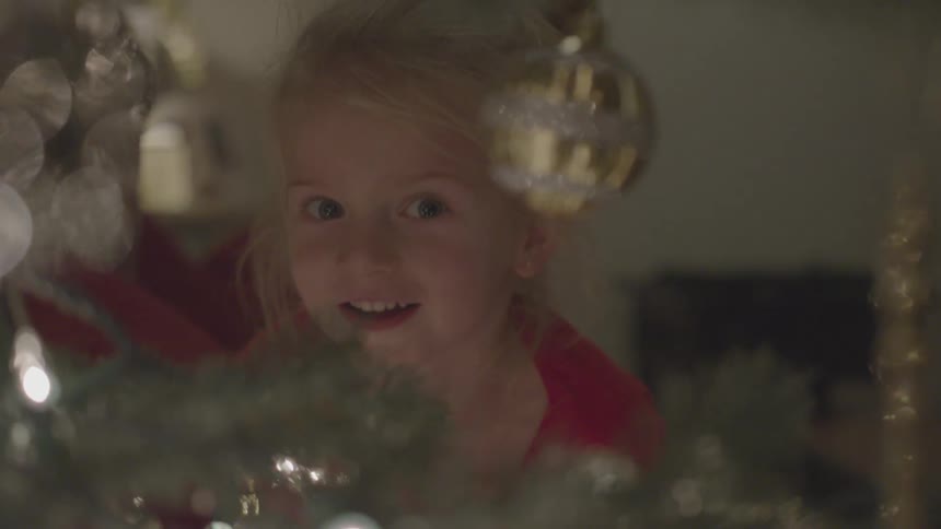 Girl looking at ornaments on a christmas tree