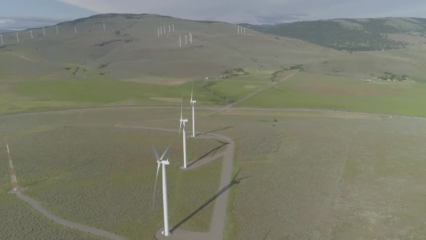 Wind turbines spin across a large grassland
