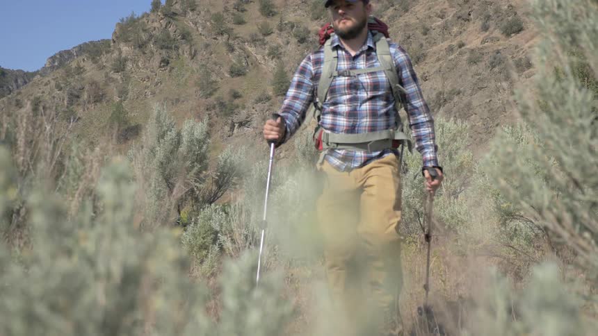 A man hikes through the hills and brush with a backpack