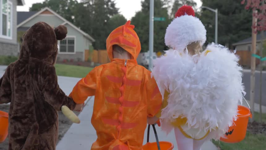 Three children dressed as a monkey dinosaur and a chicken go trick or treating