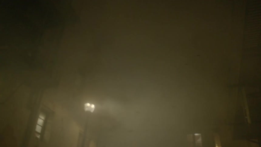 Birds fly in a foggy city at night