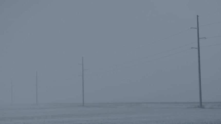 Snow blows across a grassy expanse