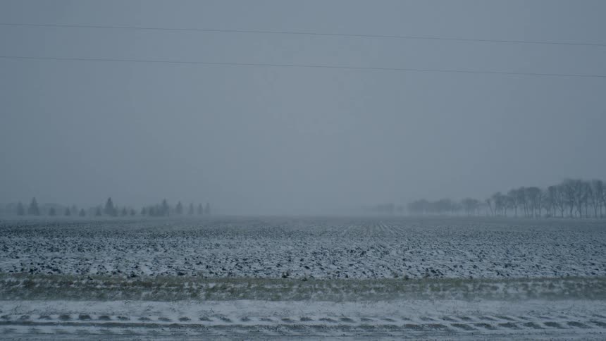 Snow blows across a rural field