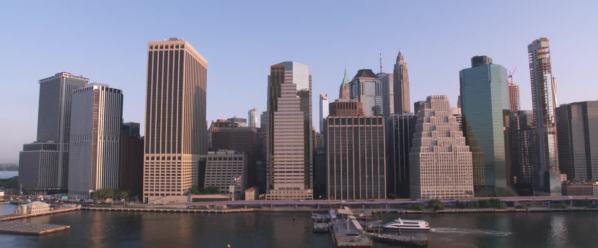 Downtown skyscrapers border docks
