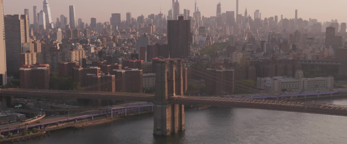 An aerial shot of a city at dusk