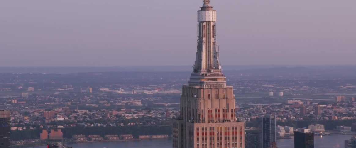 Aerial view and fly by of the empire state building observatory